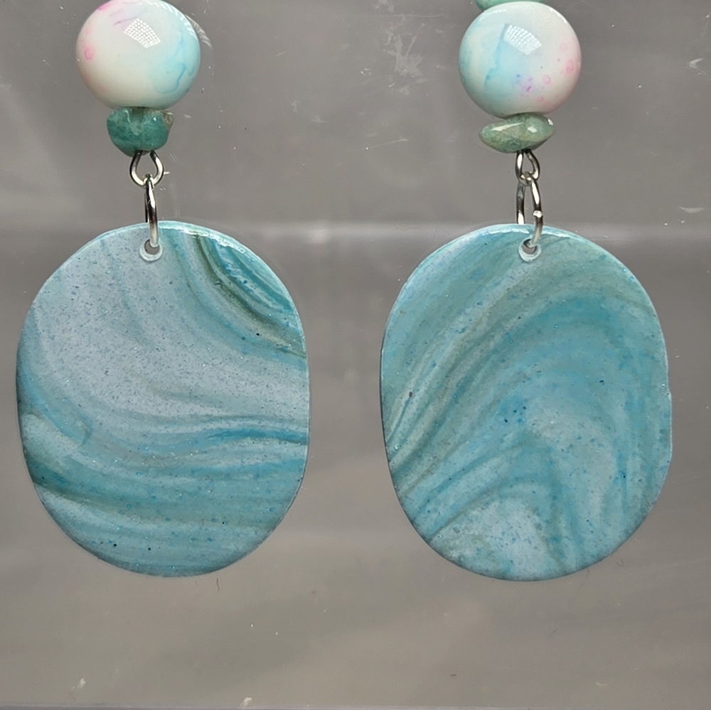 #B300- Ocean Blue Swirl Earrings With Amazonite Beads - Picture 4 of 5